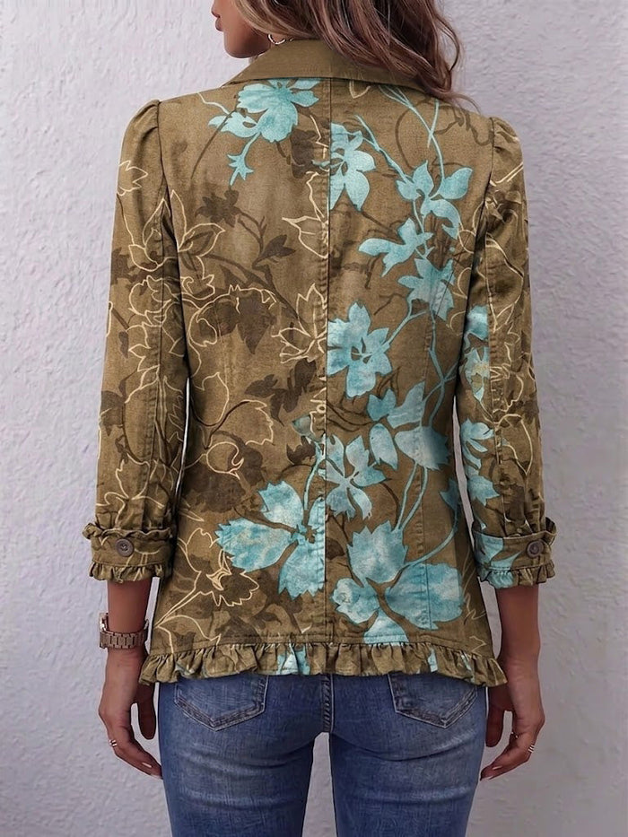 Boho ruffle jacket in olive and turquoise gradient vintage floral print with lettuce-edge trim