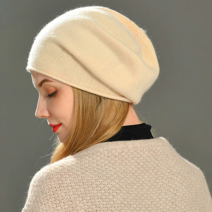 Sylvaine relaxed fit slouchy casual knit beanie shown in a soft neutral color
