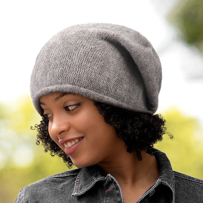 Sylvaine relaxed fit slouchy casual knit beanie shown in a soft neutral color