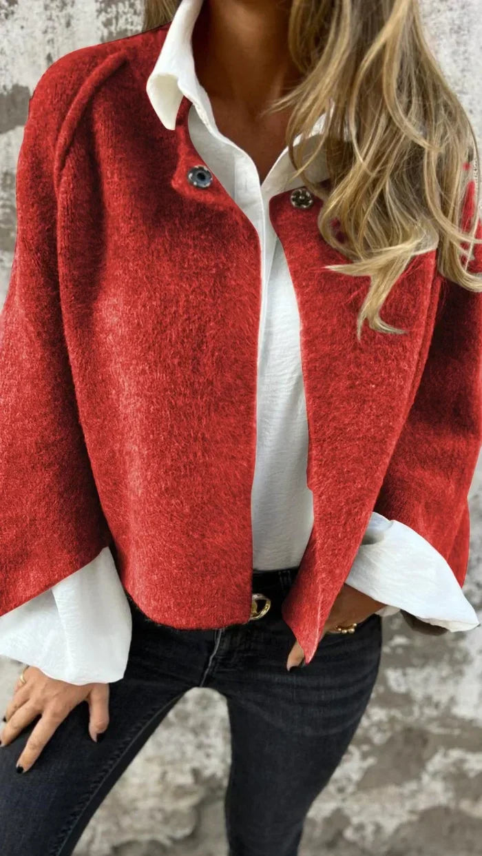 Tess modern wool cardigan with round neckline and long sleeves in beige