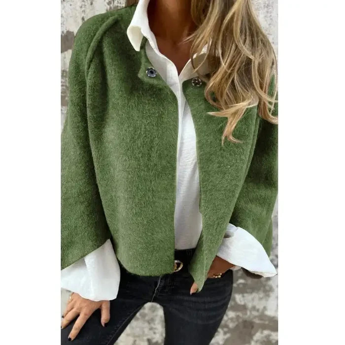 Tess modern wool cardigan with round neckline and long sleeves in beige