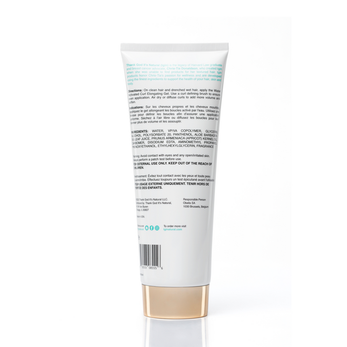 TGIN water activated curl gel white squeeze tube showing back label and gold cap with ingredients text