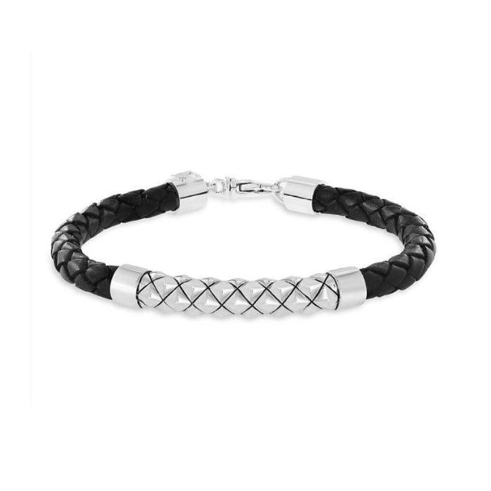 Theseus Mens Sterling Silver Black Leather Bracelet