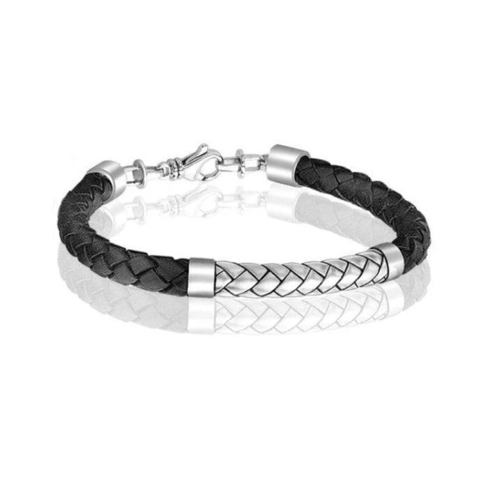 Theseus Mens Sterling Silver Black Leather Bracelet