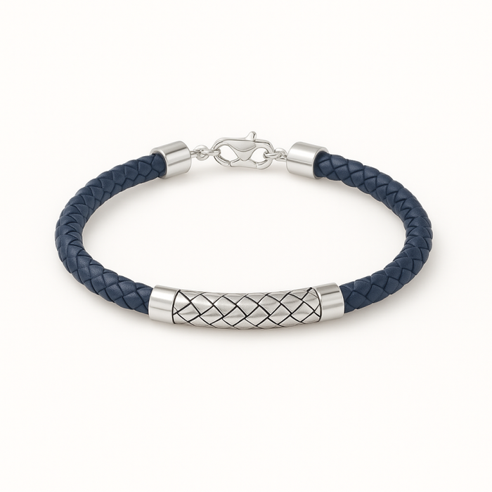 Theseus Mens Sterling Silver Blue Leather Bracelet