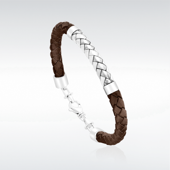 Theseus Mens Sterling Silver Brown Leather Bracelet