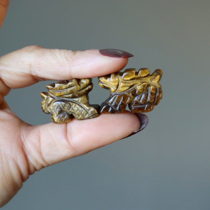 finger tips holding two Tigers Eye dragon statues