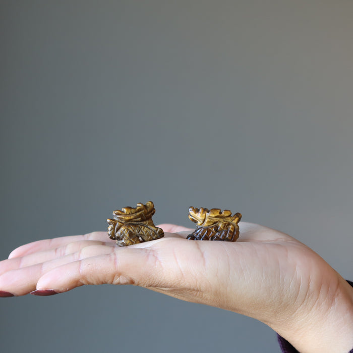two Tigers Eye dragon statues displayed on the palm