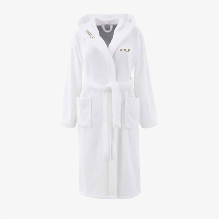 White robe with 'navy' embroidery on a white background