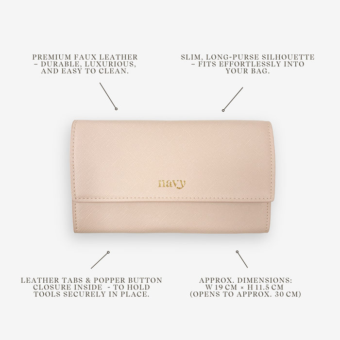 Beige Manicure_Wrap_Storage_Case with gold logo on a white background, featuring text about wallet's features.