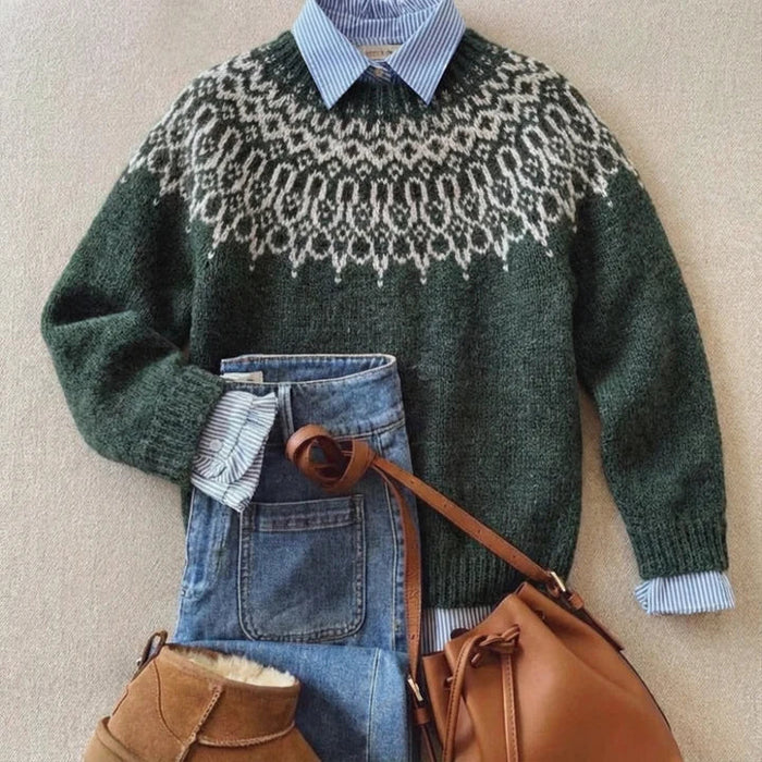Green vintage Nordic knit sweater with classic pattern and relaxed fit