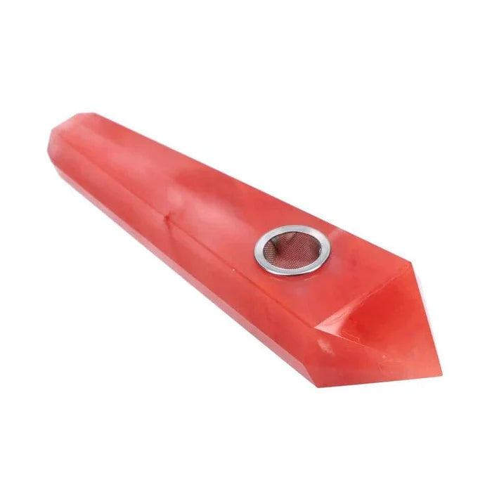 A side view of the Valiant Crystal Pipe-Red Melting Crystal, showcasing its curved, translucent red design.