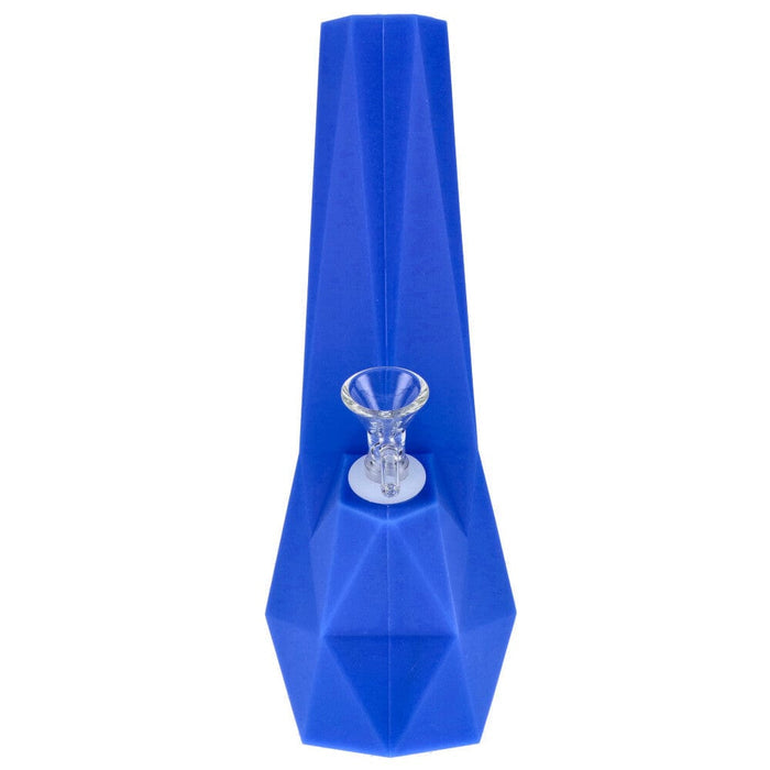 Top-down view of the Valiant Diamond Silicone Water Pipe - Blue - 10in. showing its faceted blue silicone body and clear glass bowl.