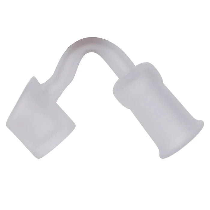 A close-up, angled view of the frosted quartz Valiant Frosted Quartz Banger, displaying its S tube shape and female joint.