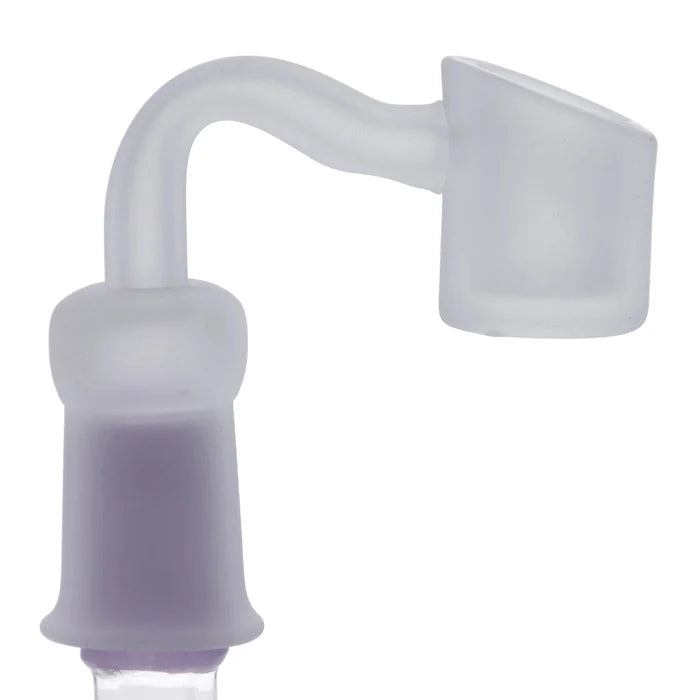 A close-up, angled view of the frosted glass Valiant Frosted Quartz Banger, showing its S-tube shape and female 14mm joint.