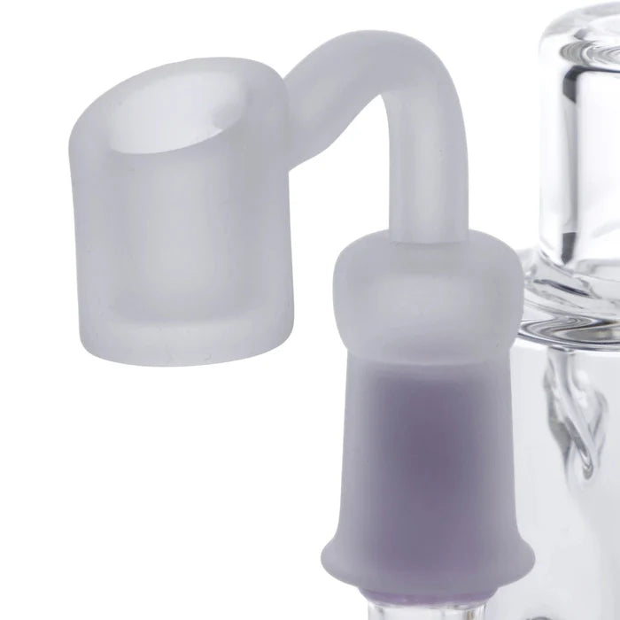 A close-up, angled view of the frosted quartz Valiant Frosted Quartz Banger, showcasing its S tube shape and subtle coloration.