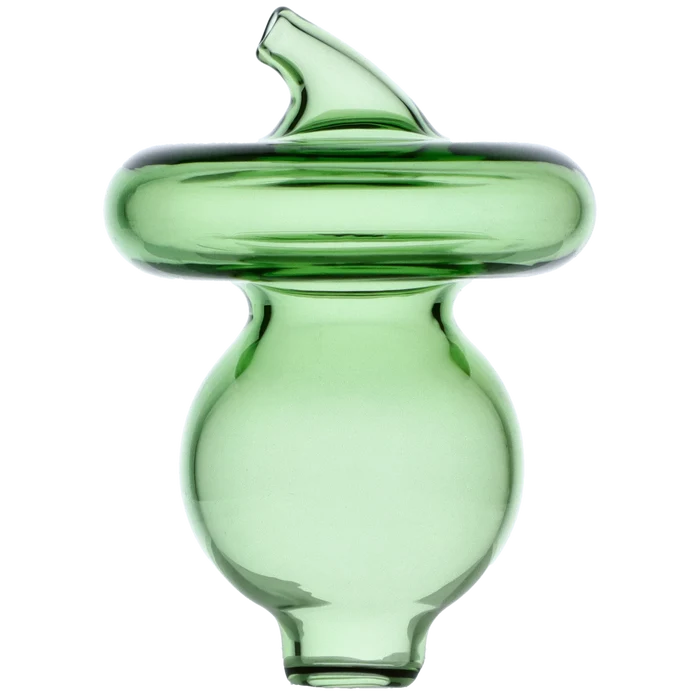 Close-up front view of the Valiant Glass Carb Cap - 44mm showing a translucent green glass dome with a curved top handle against a black background