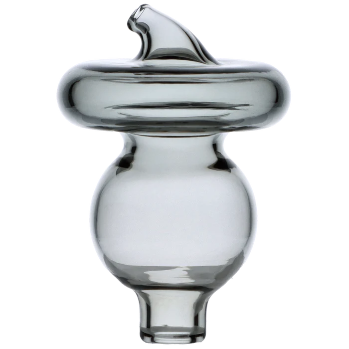 Close-up front view of the Valiant Glass Carb Cap - 44mm showing its smooth, reflective glass dome and angled top against a black background