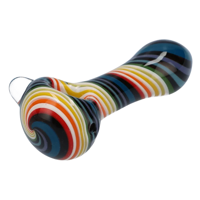 A close-up, angled view of the 4-inch Valiant Spoon Pipe-Dark Rainbow, displaying its colorful, patterned glass design.