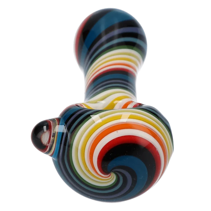 A close-up, angled view of the 4-inch Valiant Spoon Pipe-Dark Rainbow, showing the colorful glass swirl design.