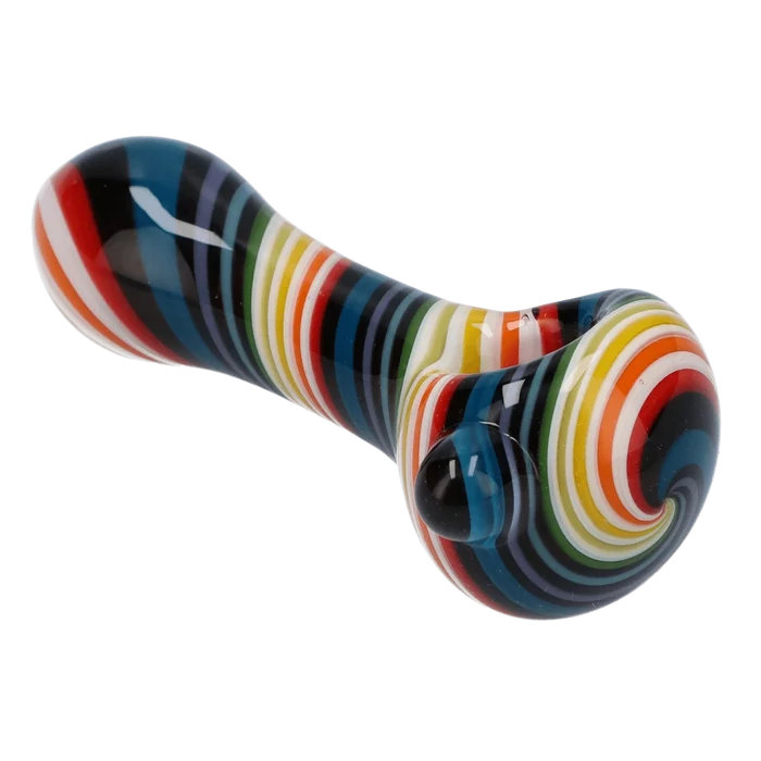 A studio shot of the 4-inch Valiant Spoon Pipe-Dark Rainbow, featuring a curved design and dark rainbow coloration.