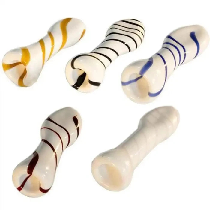 A close-up, angled view of the Valiant Striped Glass Chillum in white and green, showing its simple, cylindrical glass form.