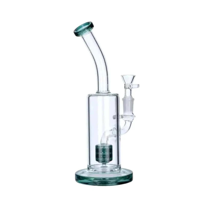 A front view of the 9-inch Valiant Water Pipe with Drum Perc, showcasing its teal glass construction and simple cylindrical shape.