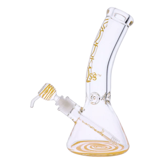 A studio shot of the 12-inch Vodka 9mm Bent Neck Water Pipe in gold, showcasing its curved neck and clear glass construction.