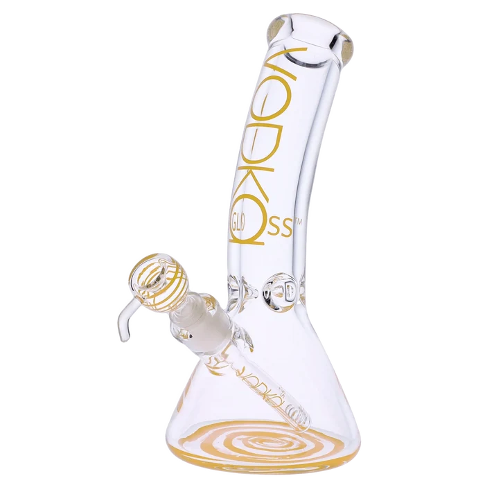 A studio shot of the 12-inch Vodka 9mm Bent Neck Water Pipe in gold, highlighting its curved neck and clear glass construction.