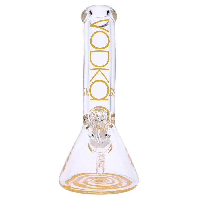 A front view of the 12-inch Vodka 9mm Bent Neck Water Pipe, featuring a gold-colored neck and clear glass body.