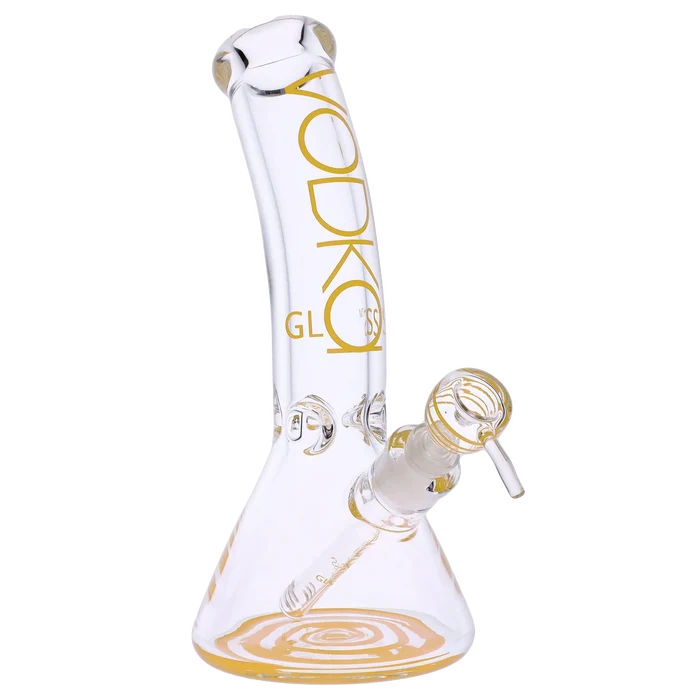 Front view of the 12-inch Vodka 9mm Bent Neck Water Pipe in gold, showcasing its curved neck and simple beaker shape.