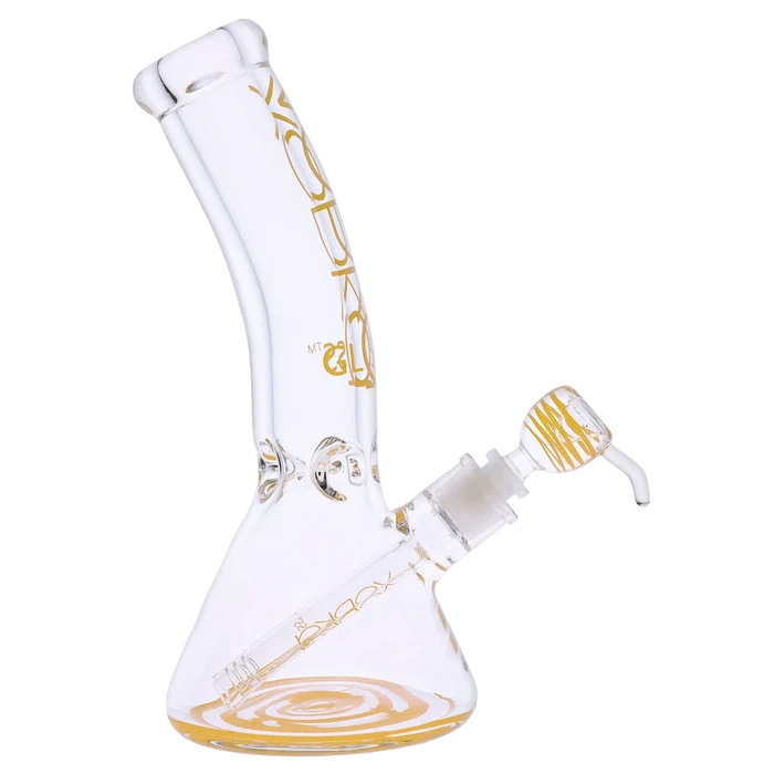 A studio shot of the 12-inch Vodka 9mm Bent Neck Water Pipe in gold, angled to showcase its curved neck and clear glass construction.