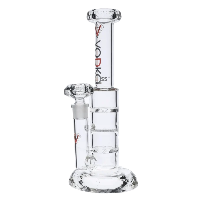 A studio shot of the 12-inch Vodka Moonstone Water Pipe, displaying its clear glass construction and cylindrical shape.