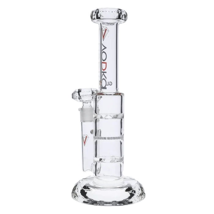Front view of the 12-inch Vodka Moonstone Water Pipe, a clear glass piece with a cylindrical body and flared mouthpiece.