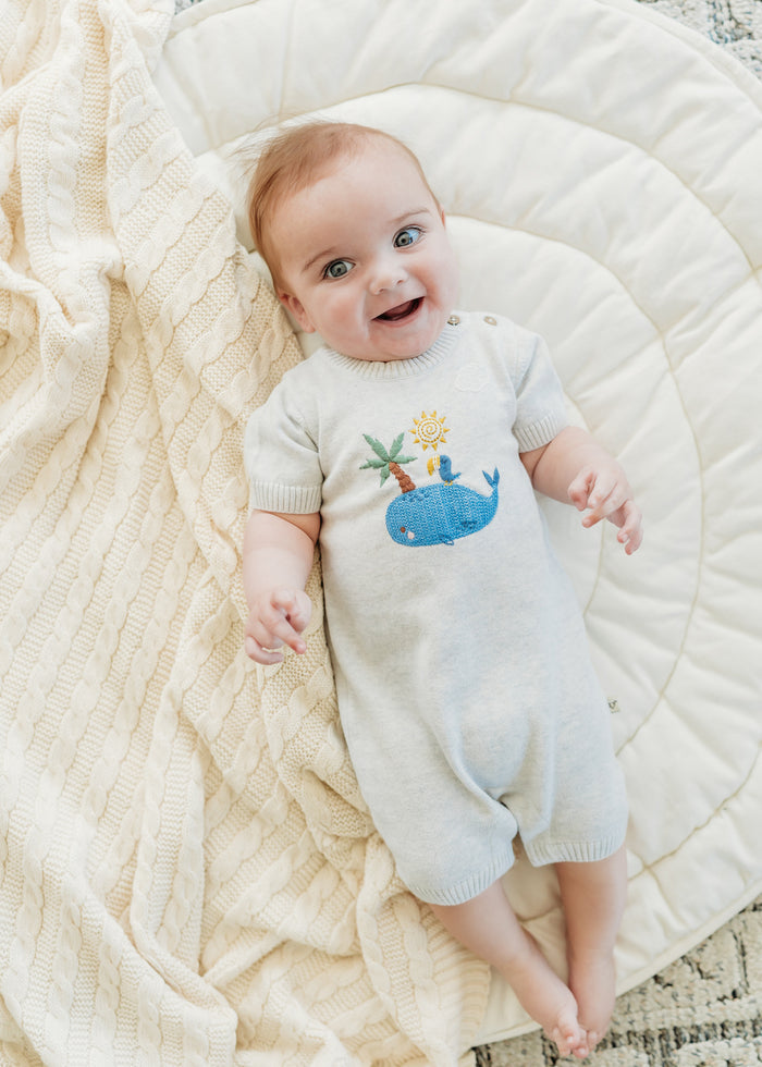Whale & Bird Embroidered Knit Baby Romper (Organic Cotton)