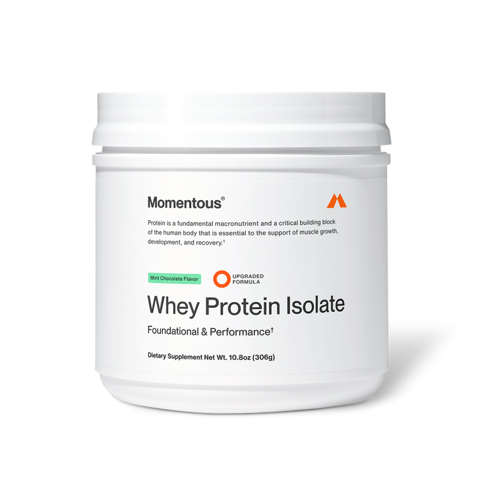 Momentous Whey Protein Isolate dietary supplement in mint chocolate flavor, white plastic tub, 10.8 oz (306 g), labeled “Foundational & Performance” with upgraded formula badge; packaging states protein is a fundamental macronutrient and critical building block essential for supporting muscle growth, development, and recovery