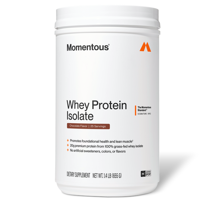 Momentous Whey Protein Isolate tub, Chocolate Flavor, 25 Servings, front-facing product shot. Label reads "The Momentous Standard – Signature Spec" with claims "Promotes foundational health and lean muscle," "20g premium protein from 100% grass-fed whey isolate," "No artificial sweeteners, colors, or flavors." Net Wt. 1.4 lb (655 g), NSF Certified Sport badge.
