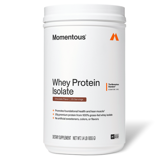 Momentous Whey Protein Isolate tub, Chocolate Flavor, 25 Servings, front-facing product shot. Label reads "The Momentous Standard – Signature Spec" with claims "Promotes foundational health and lean muscle," "20g premium protein from 100% grass-fed whey isolate," "No artificial sweeteners, colors, or flavors." Net Wt. 1.4 lb (655 g), NSF Certified Sport badge.