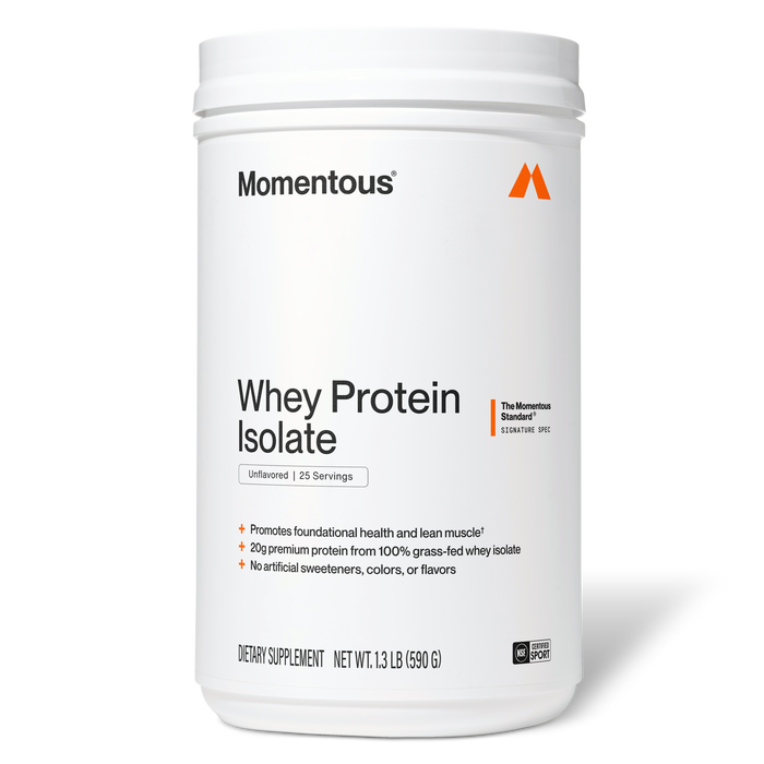 White cylindrical jar of Momentous Whey Protein Isolate, Unflavored, 25 Servings. Label features the Momentous logo and orange mountain icon at the top. An orange vertical bar with the text "The Momentous Standard Signature Spec" appears beside the product name. Three orange plus-sign bullet points list key benefits: promotes foundational health and lean muscle; 20g premium protein from 100% grass-fed whey isolate; no artificial sweeteners, colors, or flavors. Bottom of label reads: Dietary Supp