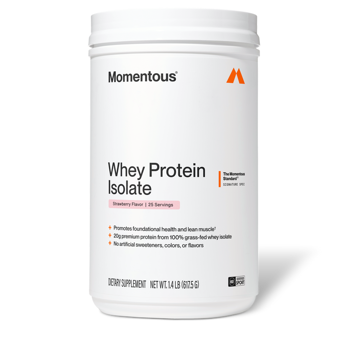 Momentous Whey Protein Isolate tub, Strawberry Flavor, 25 Servings, front-facing product shot. Label reads "The Momentous Standard – Signature Spec" with claims "Promotes foundational health and lean muscle," "20g premium protein from 100% grass-fed whey isolate," "No artificial sweeteners, colors, or flavors." Net Wt. 1.4 lb (617.5 g), NSF Certified Sport badge.