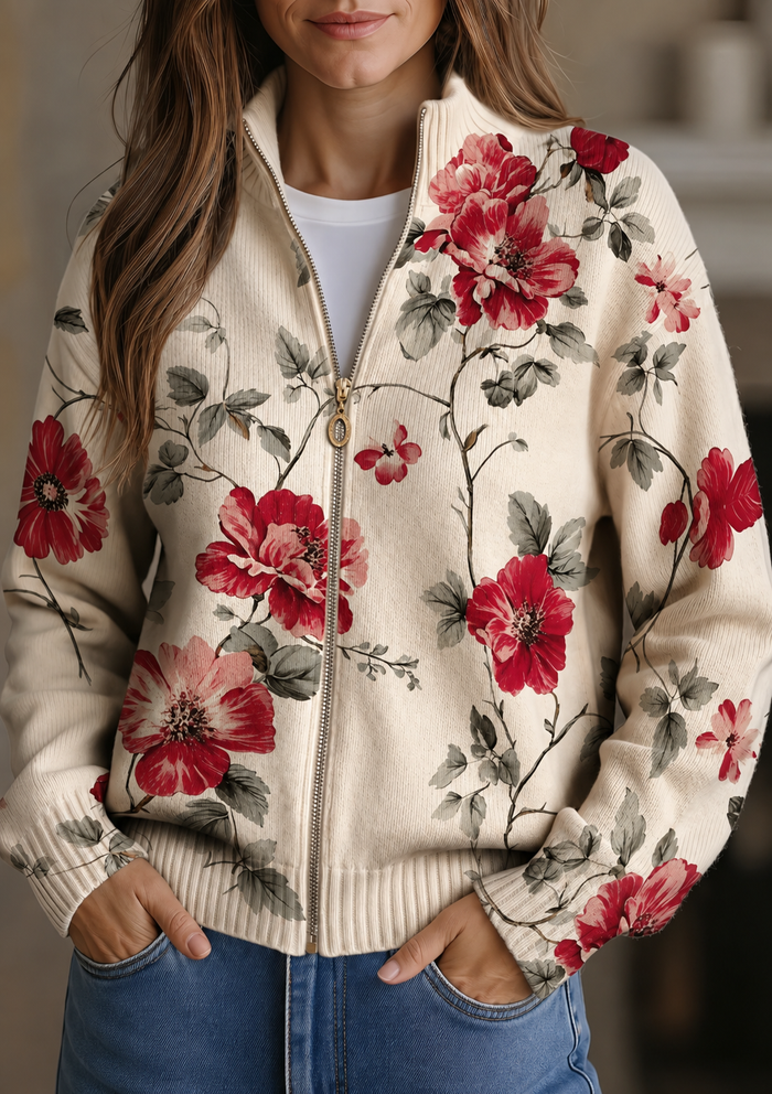 Wilhelmine zip cardigan with watercolor rose floral print on cream, ribbed knit and front zipper