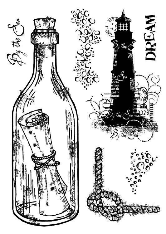 Woodware - Clear Singles - Message in a Bottle. This clear stamp set designed by Francoise Read produces a variety of nautical themed images, including a message in a bottle, a lighthouse, rope, bubbles and the sentiments "By the Sea" and "Dream". Available at Embellish Away located in Bowmanville Ontario Canada.