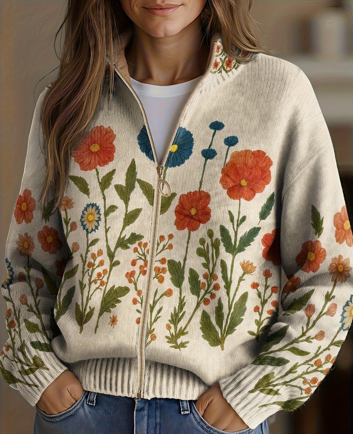 Oatmeal zip cardigan with orange poppy and blue cornflower print and gold-tone zipper
