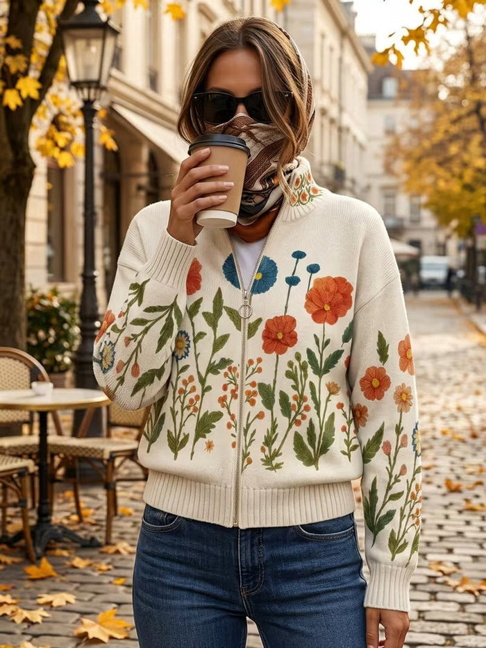 Oatmeal zip cardigan with orange poppy and blue cornflower print and gold-tone zipper