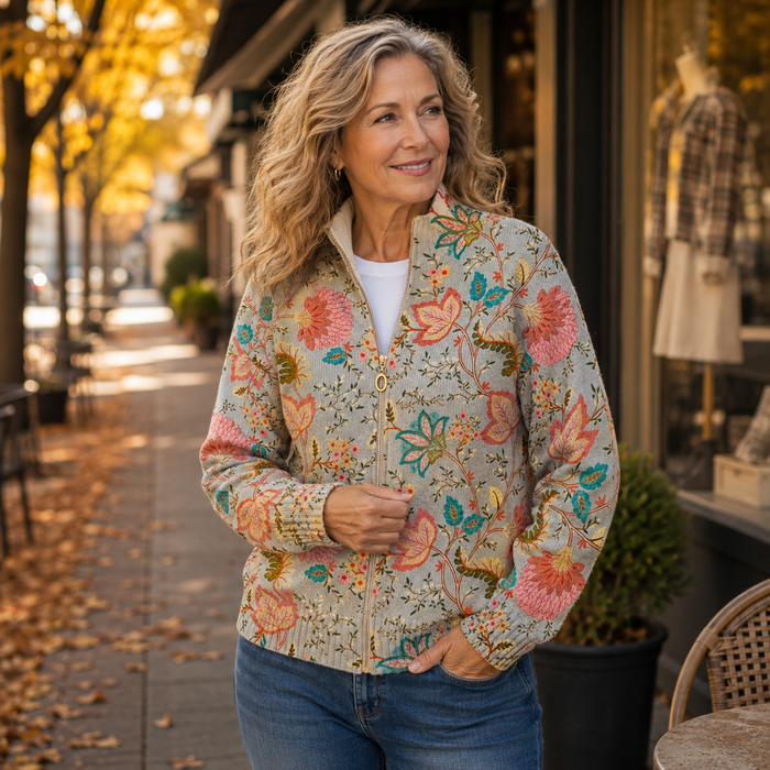 Gray floral print zip-front cardigan with gold zipper, standing collar, and ribbed cuffs