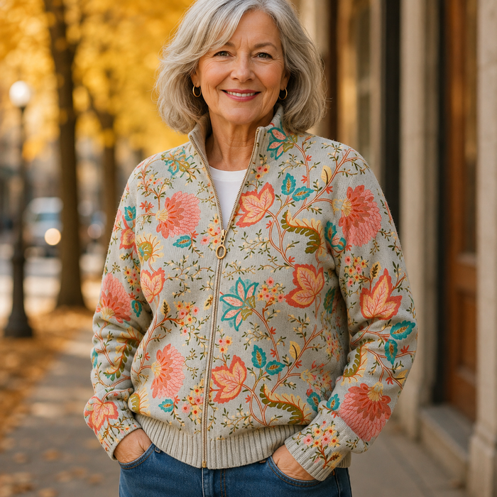 Gray floral print zip-front cardigan with gold zipper, standing collar, and ribbed cuffs