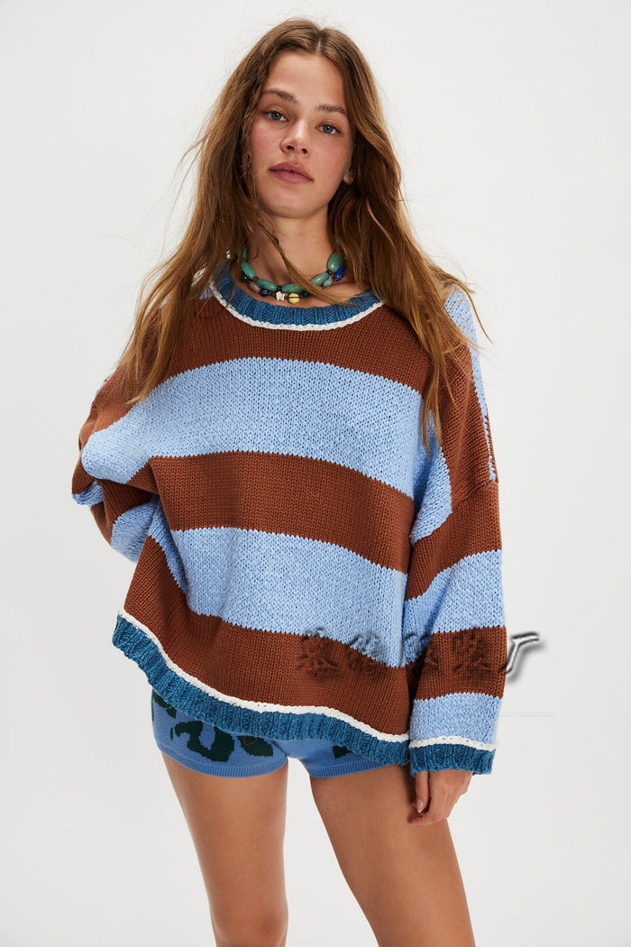 Xiang classic striped crew neck sweater in white, yellow, and brown