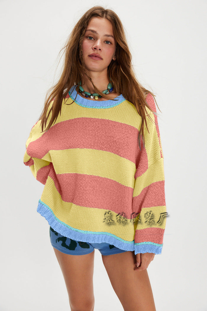 Xiang classic striped crew neck sweater in white, yellow, and brown