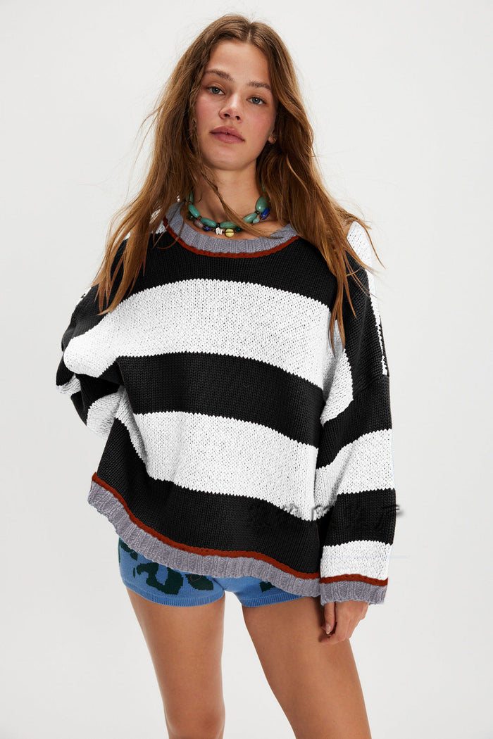 Xiang classic striped crew neck sweater in white, yellow, and brown