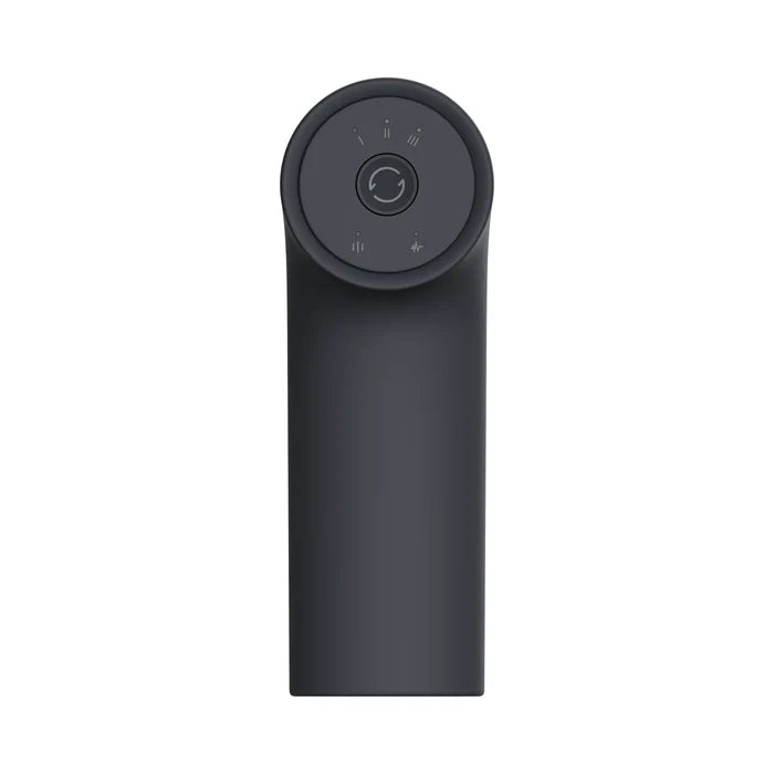 Achteraanzicht van de Xiaomi Massage Gun Mini 2 met de lichtring rond de knop